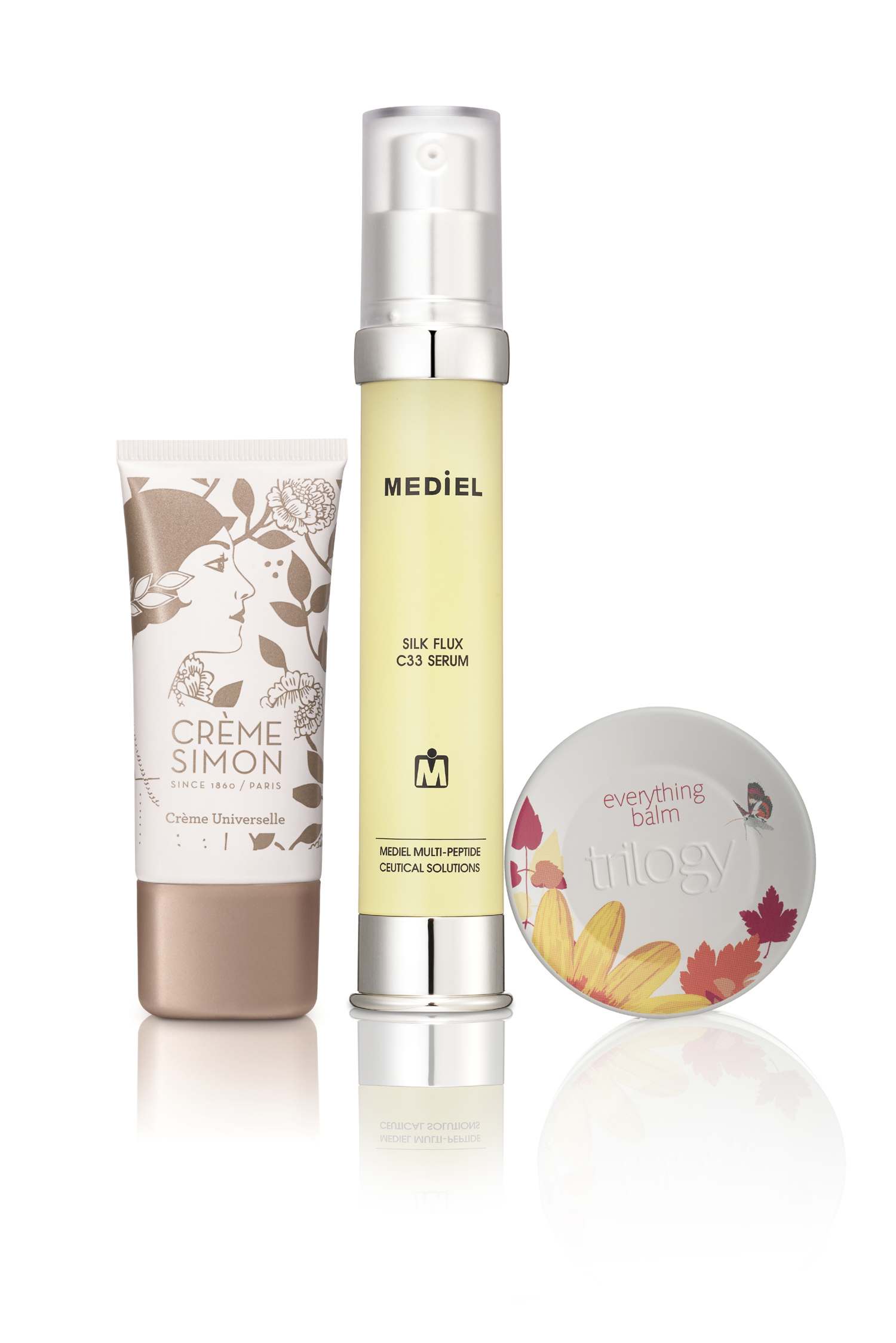 ▲사진:끄렘 시몽 끄렘 유니버셀 30ml 69,000원 / 메디엘 실크플럭스 C33 세럼 30ml 115,000원 / 트릴로지 에브리씽 밤 45ml 28,000원
