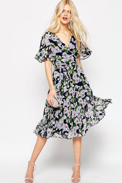 ▲ASOS (Pleated Wrap Midi Dress In Floral Print)